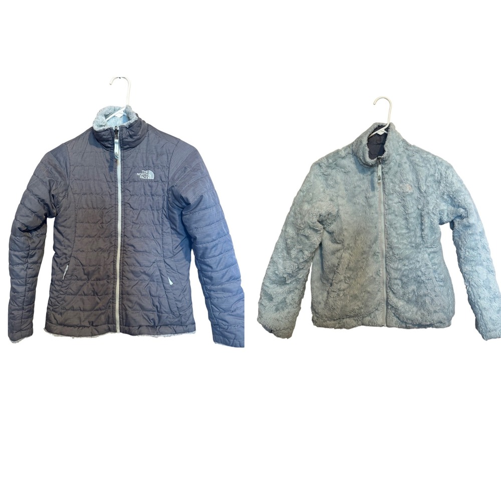 The North Face Girl Med 10/12 Reversible Mossbud Swirl Puffer Coat ice blue gray